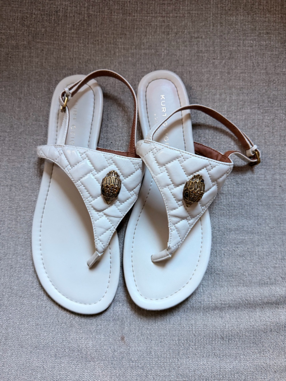 Kurt Geiger White Quilted Leather Thong Sandals with Gold Emblem